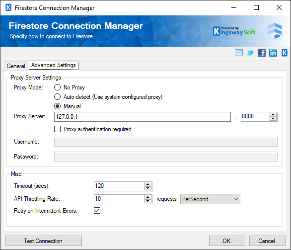 SSIS Firestore Connection Advanced Settings